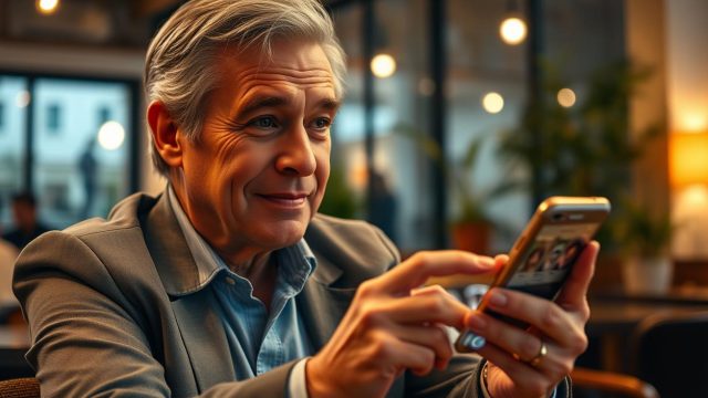 Persona over 50 che valuta incontri online dal telefono